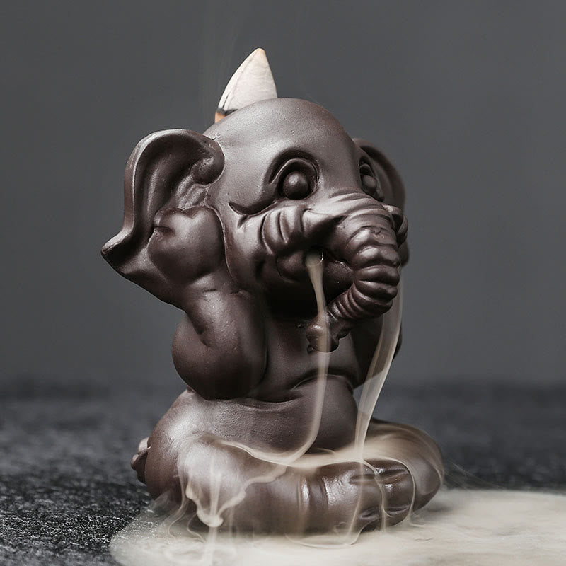 Nimara Ritual Cute Elephant Purple Clay Backflow Smoke Fountain Peace Healing Incense Burner Decoration