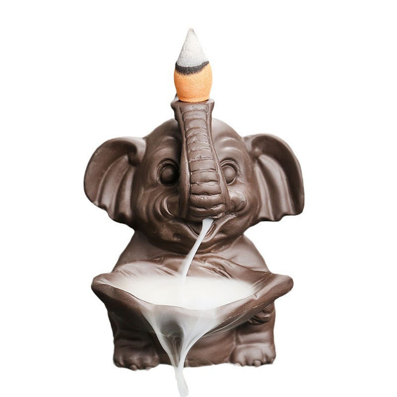 Nimara Ritual Little Elephant Holding Leaf Purple Clay Backflow Smoke Fountain Healing Incense Burner Decoration