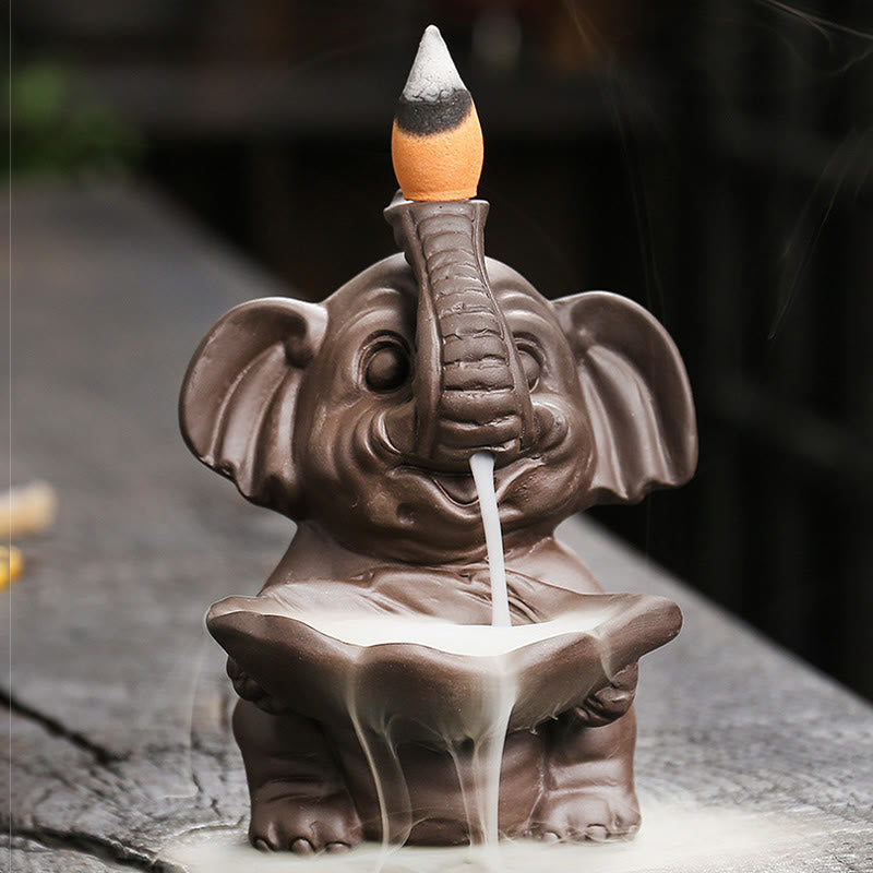 Nimara Ritual Little Elephant Holding Leaf Purple Clay Backflow Smoke Fountain Healing Incense Burner Decoration
