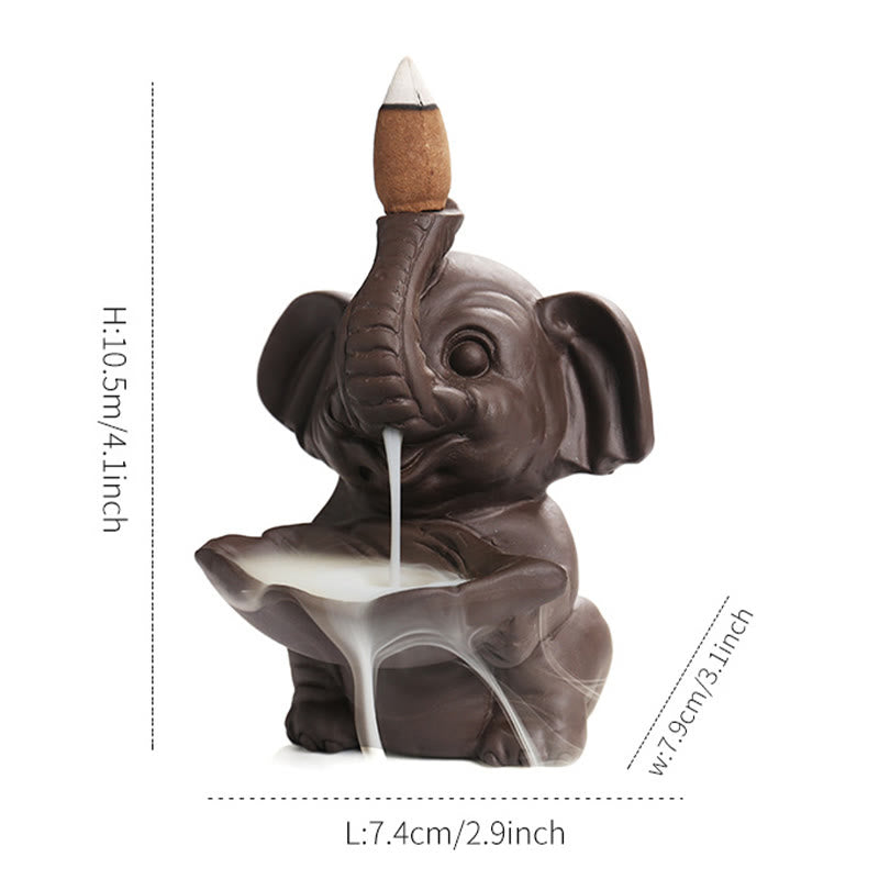Nimara Ritual Little Elephant Holding Leaf Purple Clay Backflow Smoke Fountain Healing Incense Burner Decoration