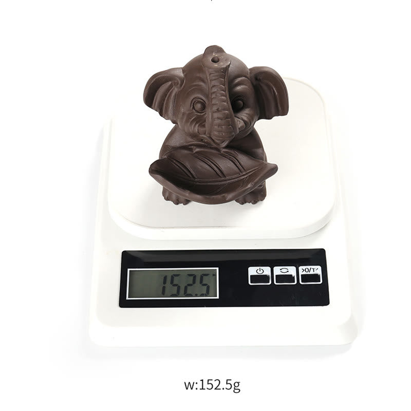 Nimara Ritual Little Elephant Holding Leaf Purple Clay Backflow Smoke Fountain Healing Incense Burner Decoration