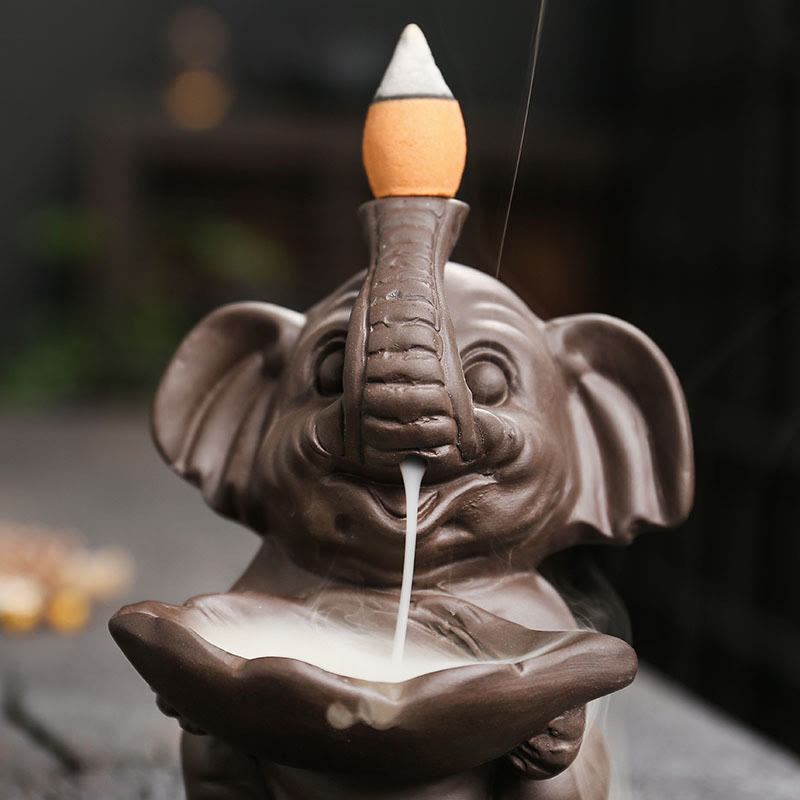 Nimara Ritual Little Elephant Holding Leaf Purple Clay Backflow Smoke Fountain Healing Incense Burner Decoration