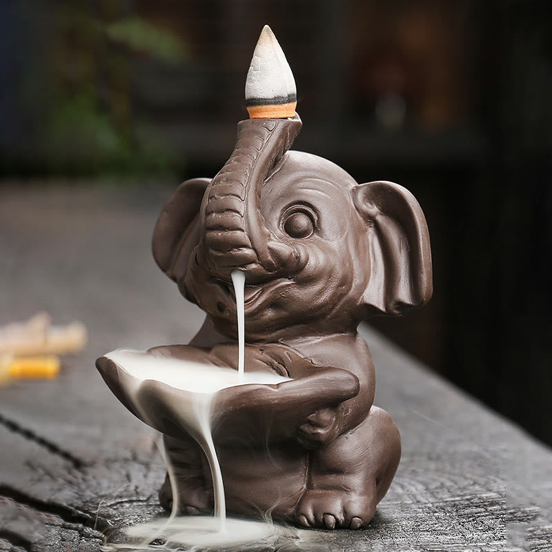 Nimara Ritual Little Elephant Holding Leaf Purple Clay Backflow Smoke Fountain Healing Incense Burner Decoration