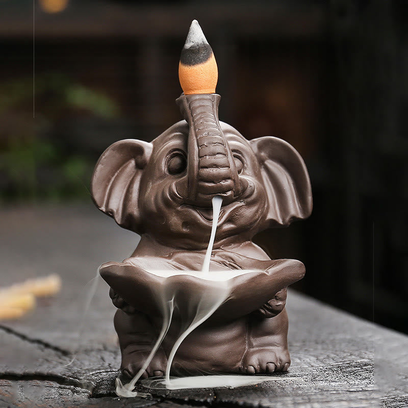 Nimara Ritual Little Elephant Holding Leaf Purple Clay Backflow Smoke Fountain Healing Incense Burner Decoration