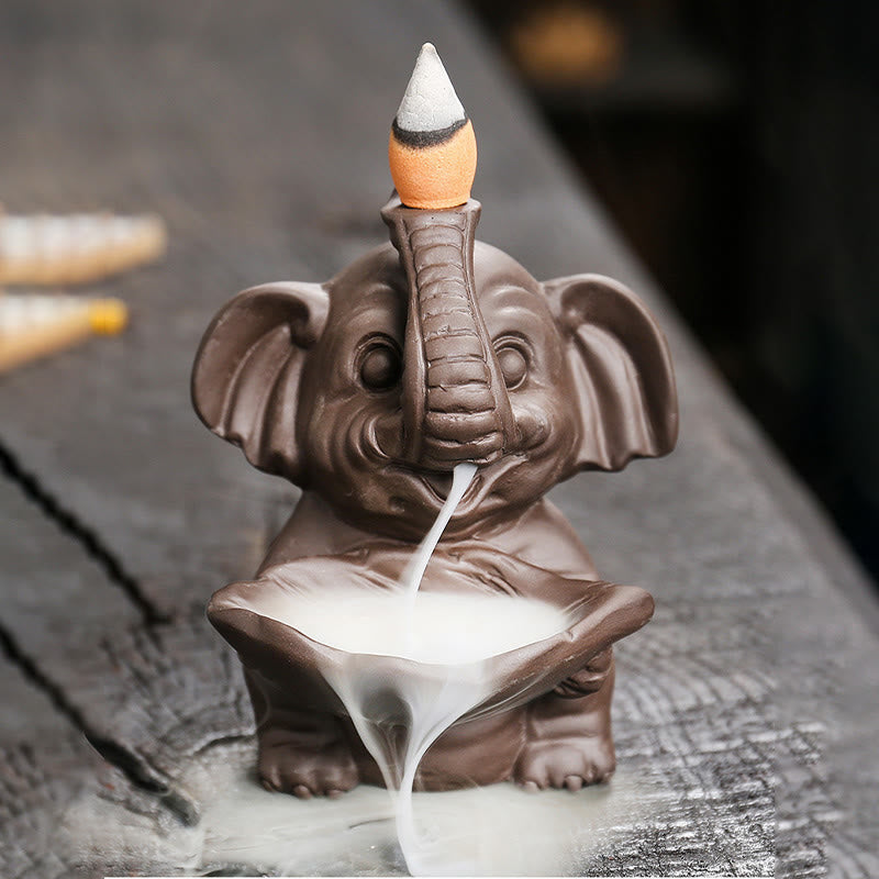 Nimara Ritual Little Elephant Holding Leaf Purple Clay Backflow Smoke Fountain Healing Incense Burner Decoration