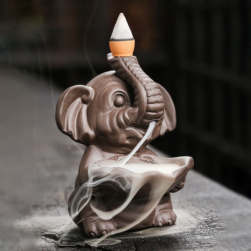 Nimara Ritual Little Elephant Holding Leaf Purple Clay Backflow Smoke Fountain Healing Incense Burner Decoration