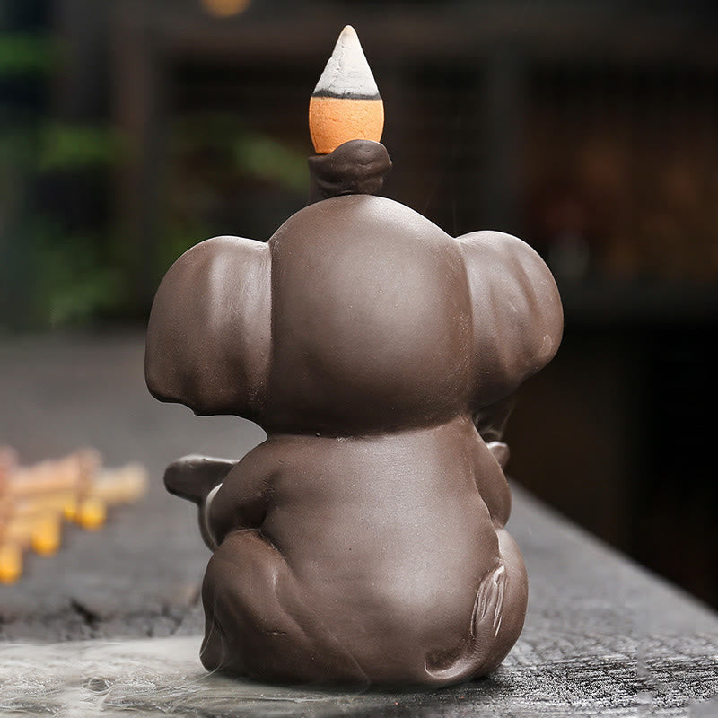 Nimara Ritual Little Elephant Holding Leaf Purple Clay Backflow Smoke Fountain Healing Incense Burner Decoration