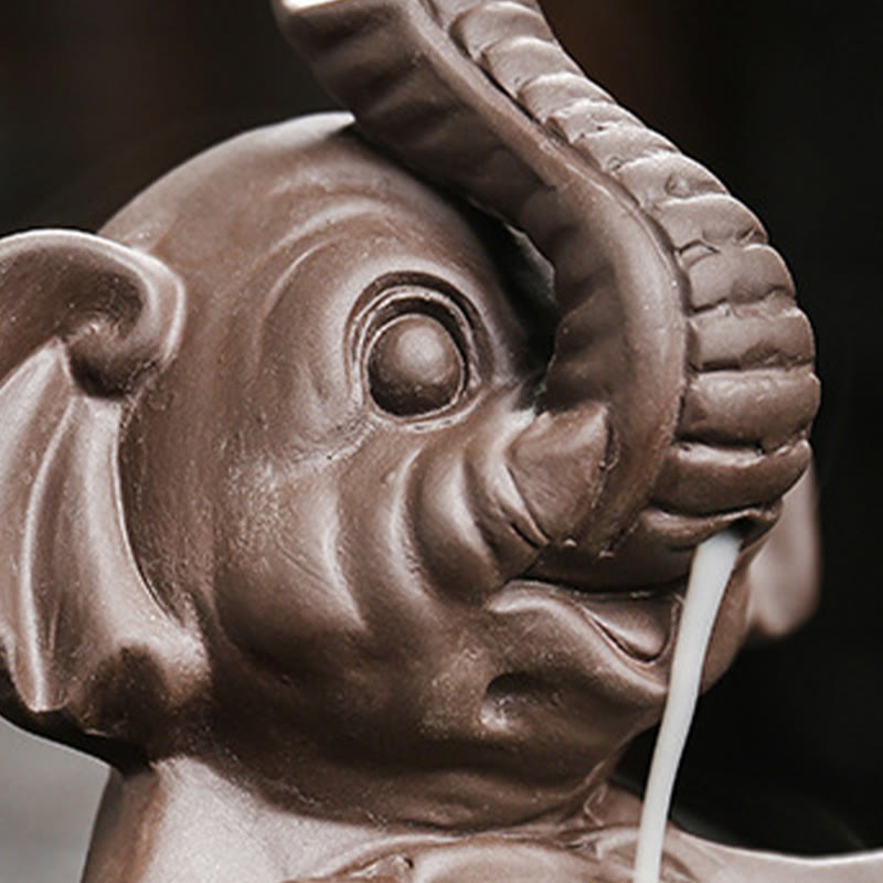 Nimara Ritual Little Elephant Holding Leaf Purple Clay Backflow Smoke Fountain Healing Incense Burner Decoration