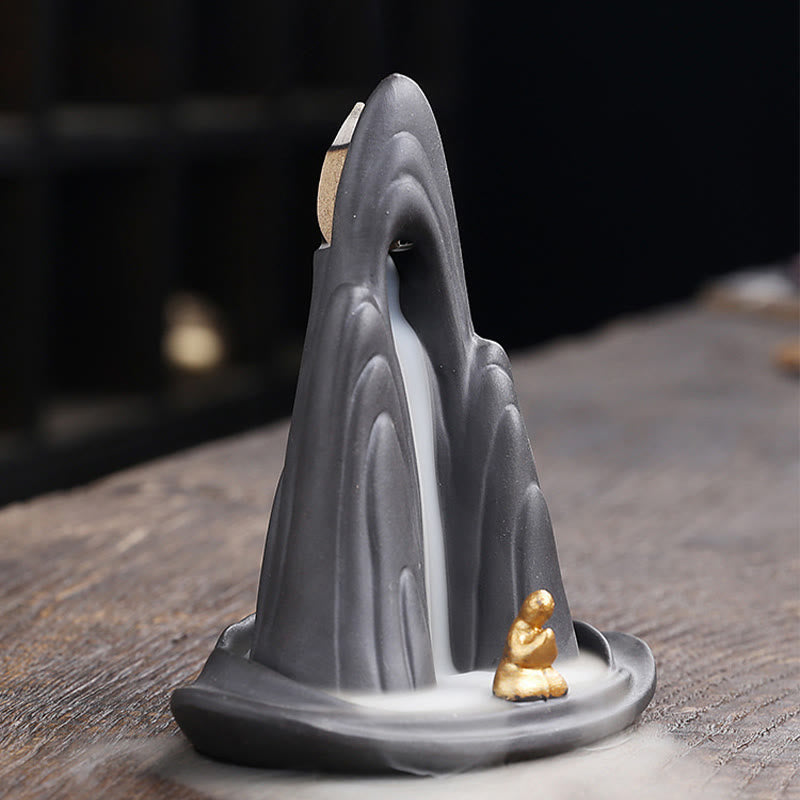 Nimara Ritual Little Monk Mountains Flowing Water Purple Clay Ceramic Healing Backflow Incense Burner Decoration