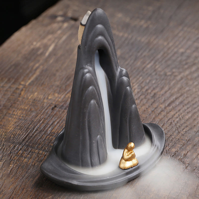 Nimara Ritual Little Monk Mountains Flowing Water Purple Clay Ceramic Healing Backflow Incense Burner Decoration