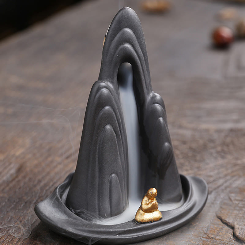 Nimara Ritual Little Monk Mountains Flowing Water Purple Clay Ceramic Healing Backflow Incense Burner Decoration
