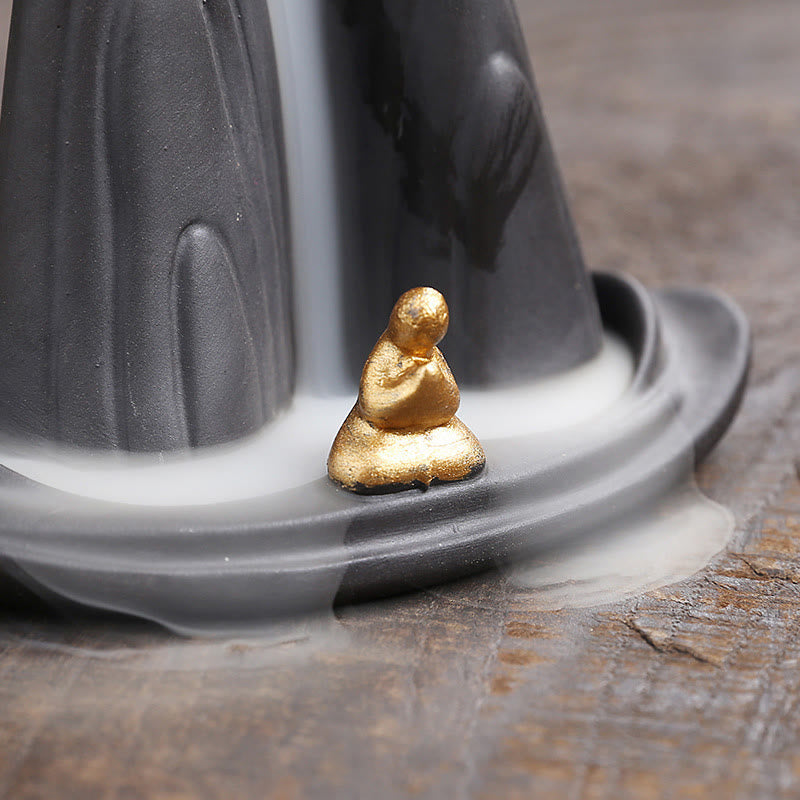 Nimara Ritual Little Monk Mountains Flowing Water Purple Clay Ceramic Healing Backflow Incense Burner Decoration