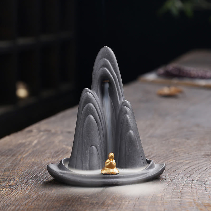 Nimara Ritual Little Monk Mountains Flowing Water Purple Clay Ceramic Healing Backflow Incense Burner Decoration