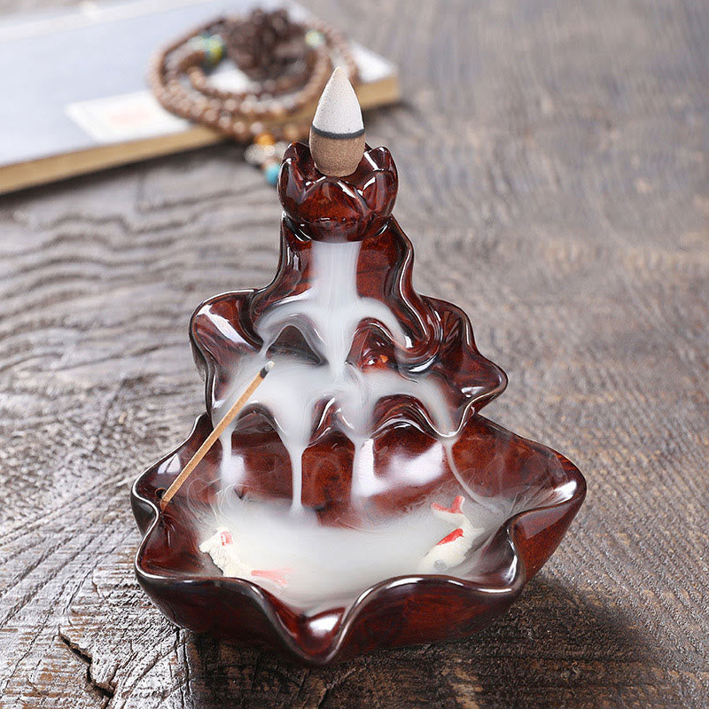 Nimara Ritual Lotus Leaf Koi Fish Ceramic Backflow Smoke Fountain Peace Incense Burner Decoration