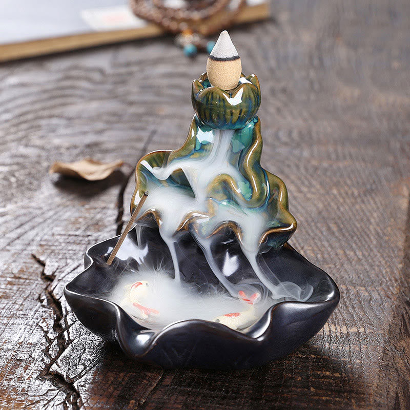 Nimara Ritual Lotus Leaf Koi Fish Ceramic Backflow Smoke Fountain Peace Incense Burner Decoration
