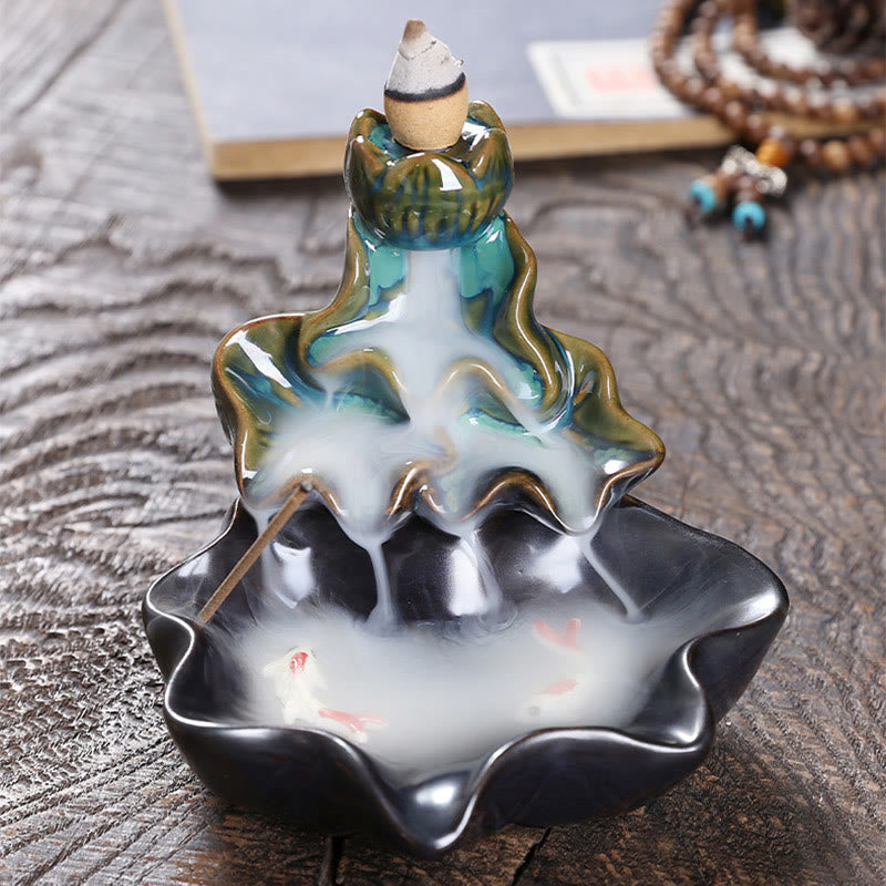 Nimara Ritual Lotus Leaf Koi Fish Ceramic Backflow Smoke Fountain Peace Incense Burner Decoration