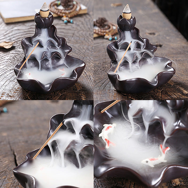Nimara Ritual Lotus Leaf Koi Fish Ceramic Backflow Smoke Fountain Peace Incense Burner Decoration