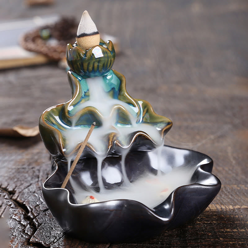 Nimara Ritual Lotus Leaf Koi Fish Ceramic Backflow Smoke Fountain Peace Incense Burner Decoration