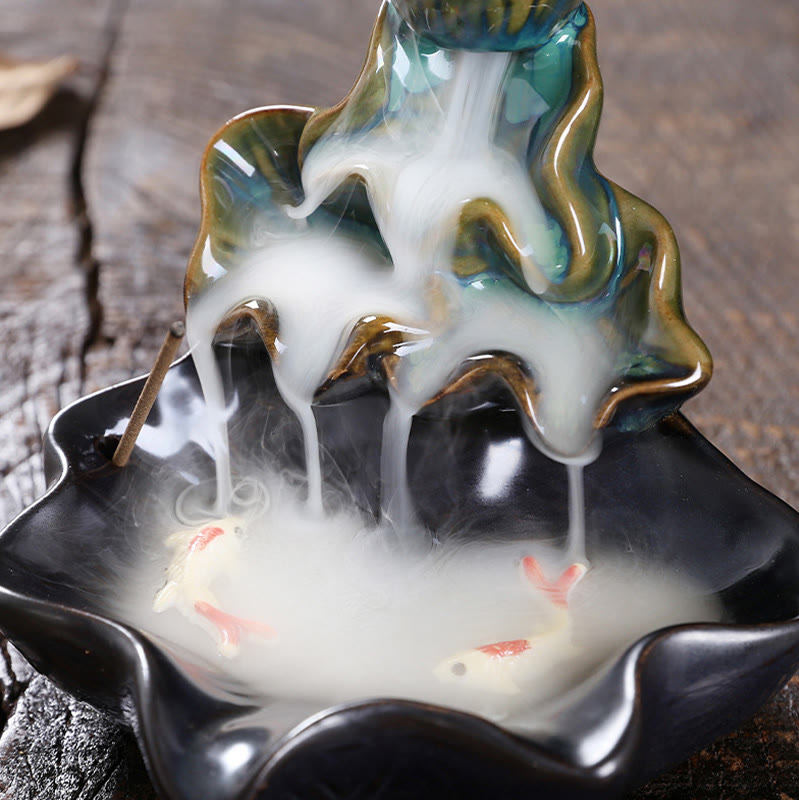 Nimara Ritual Lotus Leaf Koi Fish Ceramic Backflow Smoke Fountain Peace Incense Burner Decoration