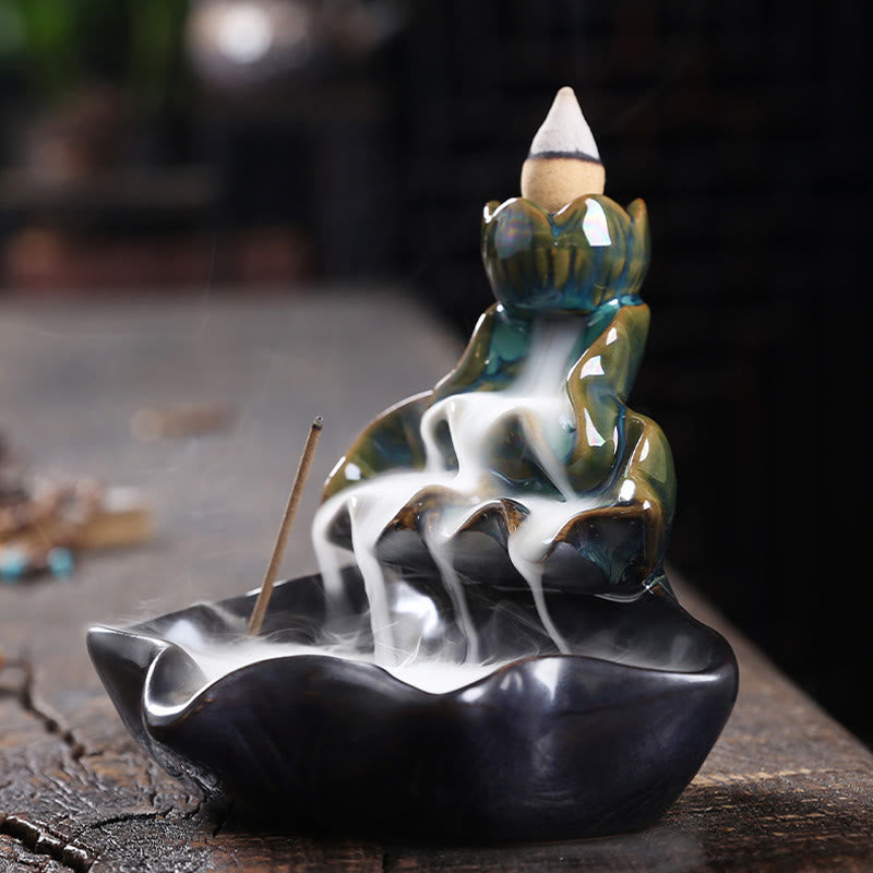 Nimara Ritual Lotus Leaf Koi Fish Ceramic Backflow Smoke Fountain Peace Incense Burner Decoration