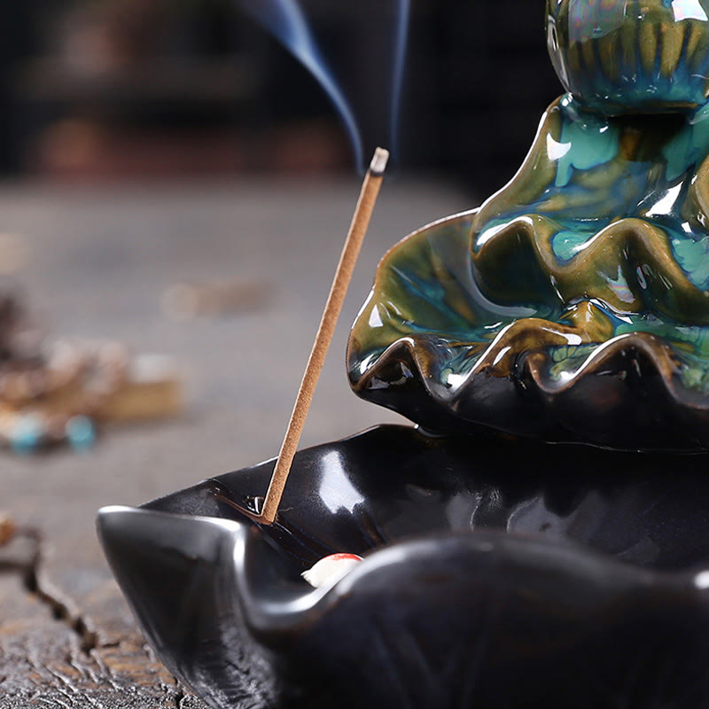 Nimara Ritual Lotus Leaf Koi Fish Ceramic Backflow Smoke Fountain Peace Incense Burner Decoration