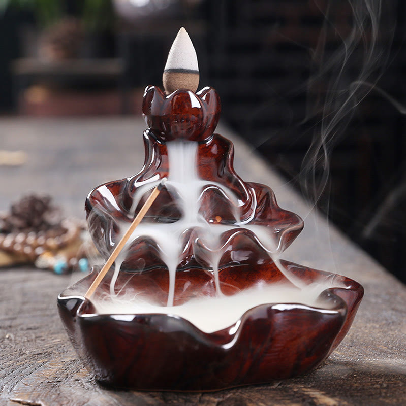 Nimara Ritual Lotus Leaf Koi Fish Ceramic Backflow Smoke Fountain Peace Incense Burner Decoration