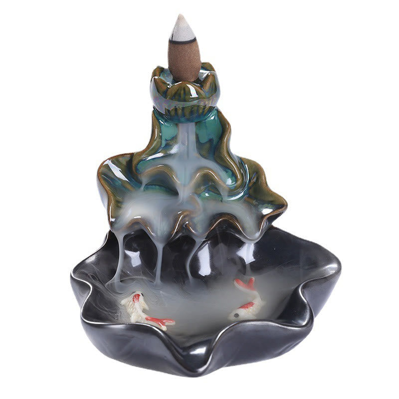 Nimara Ritual Lotus Leaf Koi Fish Ceramic Backflow Smoke Fountain Peace Incense Burner Decoration