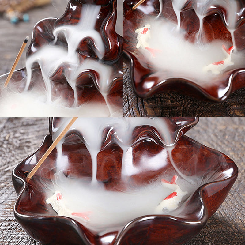 Nimara Ritual Lotus Leaf Koi Fish Ceramic Backflow Smoke Fountain Peace Incense Burner Decoration