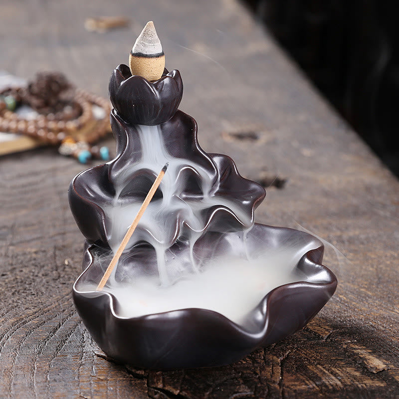 Nimara Ritual Lotus Leaf Koi Fish Ceramic Backflow Smoke Fountain Peace Incense Burner Decoration