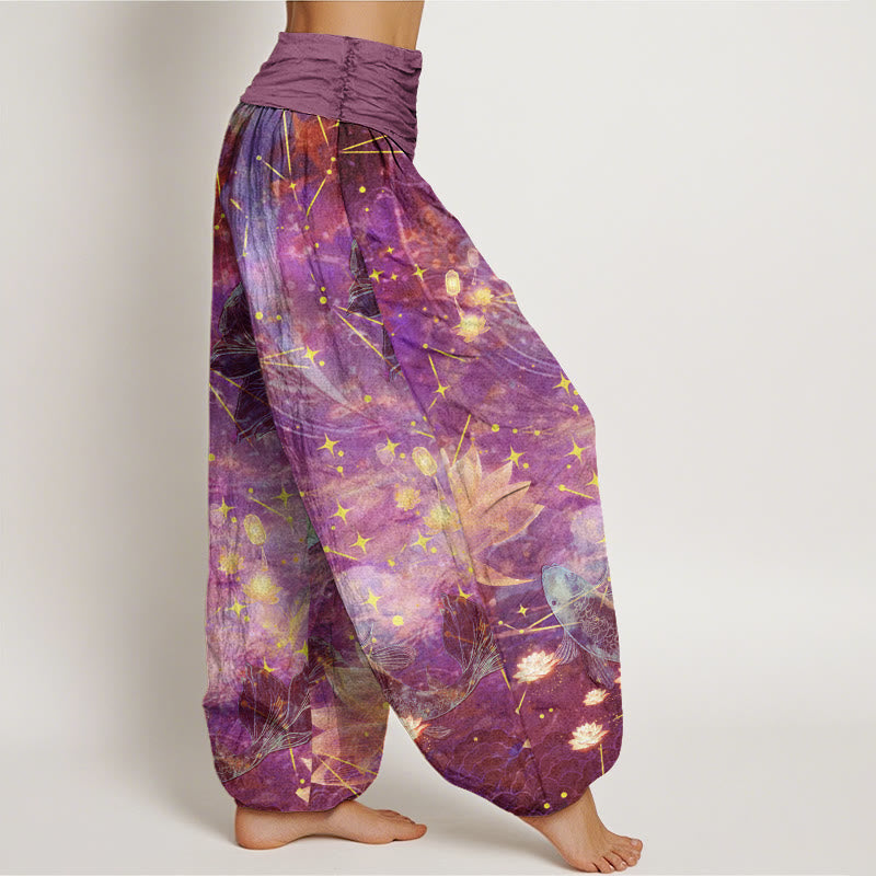Nimara Ritual Cotton Koi Fish Lotus Moon Stars Pattern Women's Elastic Waist Harem Pants