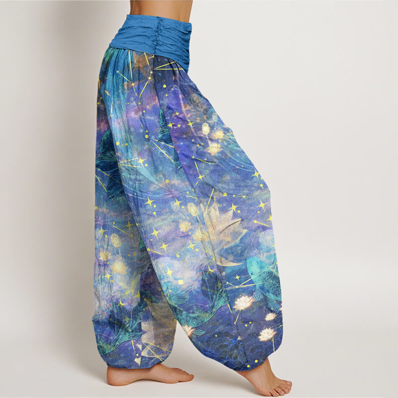Nimara Ritual Cotton Koi Fish Lotus Moon Stars Pattern Women's Elastic Waist Harem Pants