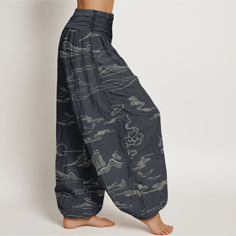 Nimara Ritual Cotton Mountain Moon Auspicious Clouds Pattern Women's Elastic Waist Harem Pants
