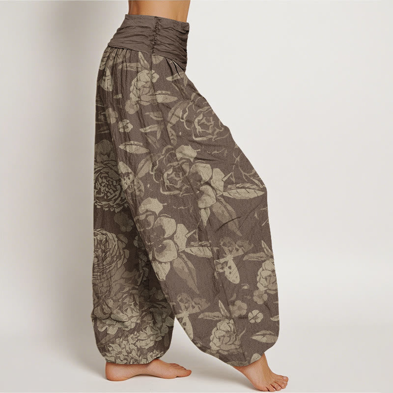 Nimara Ritual Cotton Casual Peony Flowers Leaves Women's Elastic Waist Harem Pants