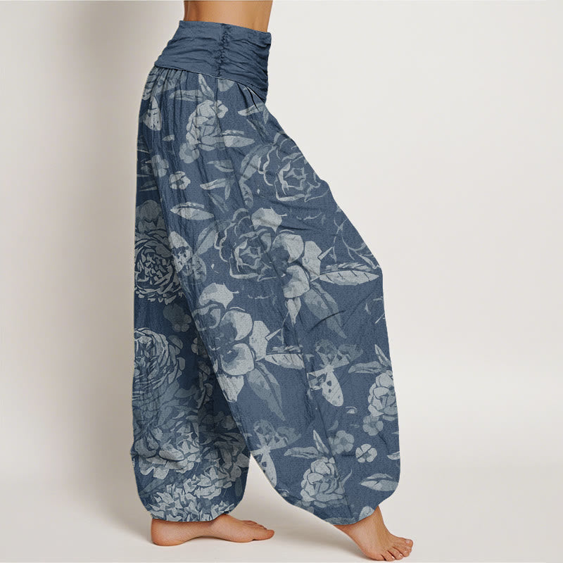 Nimara Ritual Cotton Casual Peony Flowers Leaves Women's Elastic Waist Harem Pants