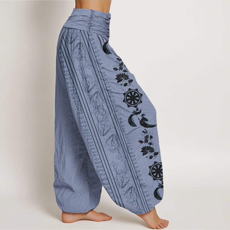 Nimara Ritual Cotton Dharma Wheel Lotus OM Pattern Women's Elastic Waist Harem Pants
