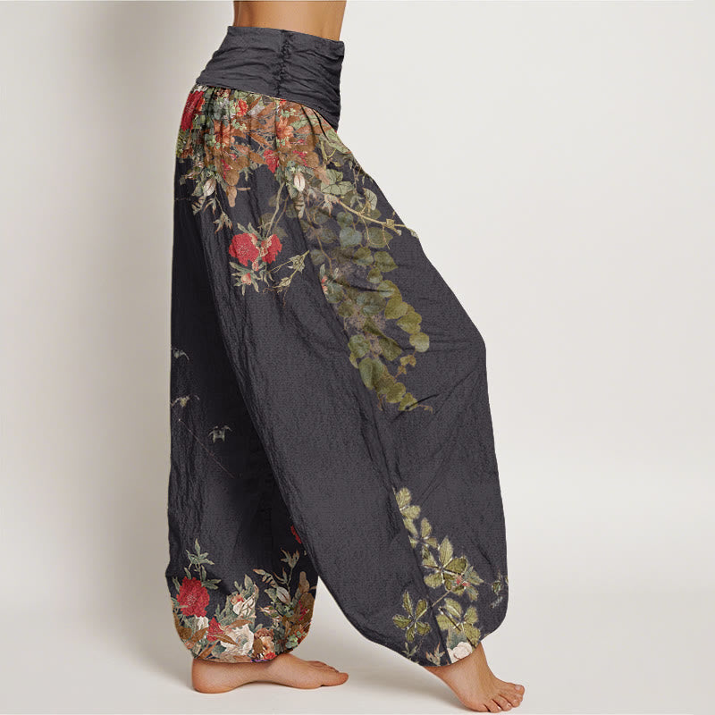 Nimara Ritual Cotton Casual Red Peony Flower Vine Design Women's Elastic Waist Harem Pants