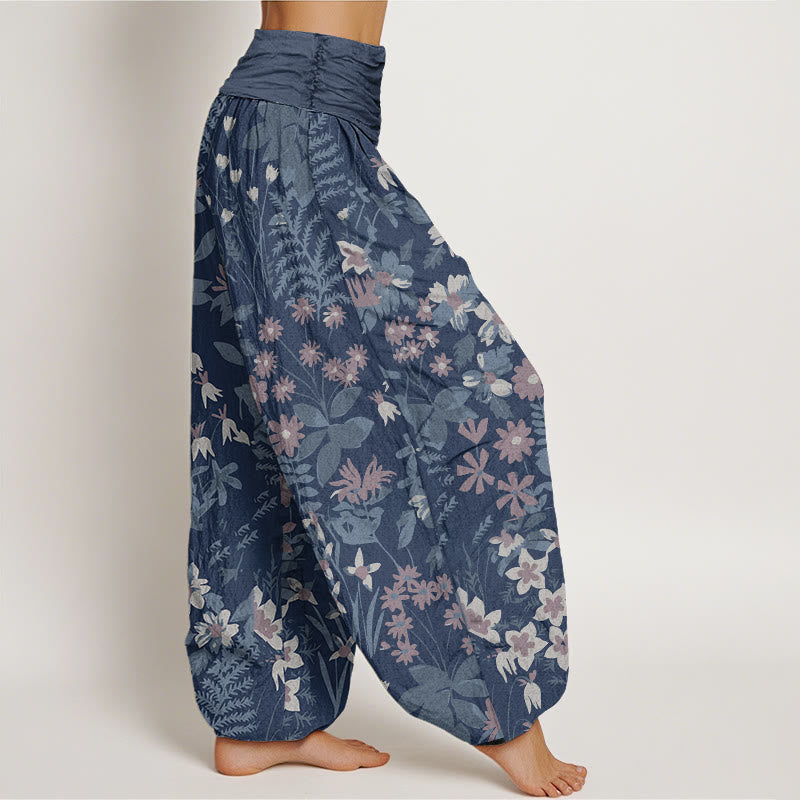 Nimara Ritual Cotton Casual Daisy Flowers Leaves Design Women's Elastic Waist Harem Pants