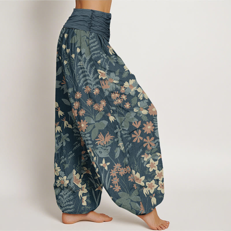 Nimara Ritual Cotton Casual Daisy Flowers Leaves Design Women's Elastic Waist Harem Pants