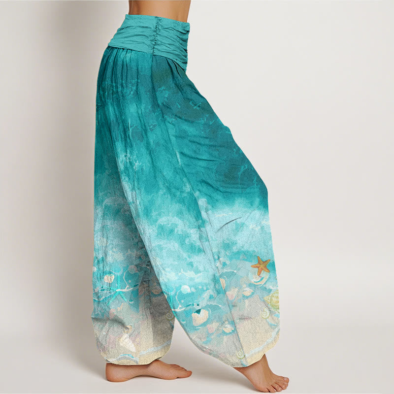 Nimara Ritual Cotton Vast Ocean Pattern Women's Elastic Waist Harem Pants