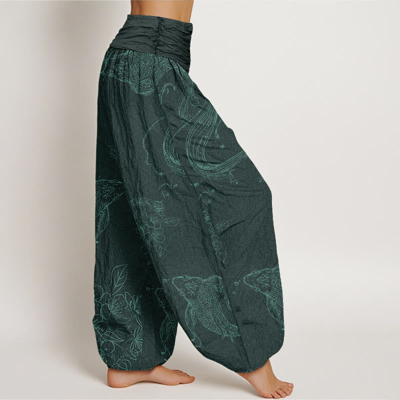 Nimara Ritual Cotton Koi Fish Floral Pattern Women's Elastic Waist Harem Pants