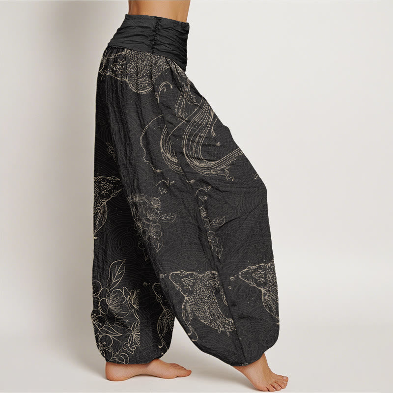 Nimara Ritual Cotton Koi Fish Floral Pattern Women's Elastic Waist Harem Pants