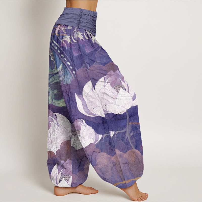 Nimara Ritual Cotton White Lotus Leaves Pattern Casual Women's Elastic Waist Harem Pants