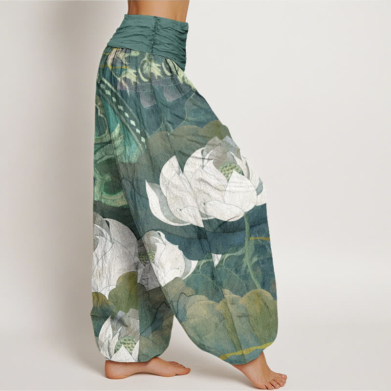 Nimara Ritual Cotton White Lotus Leaves Pattern Casual Women's Elastic Waist Harem Pants