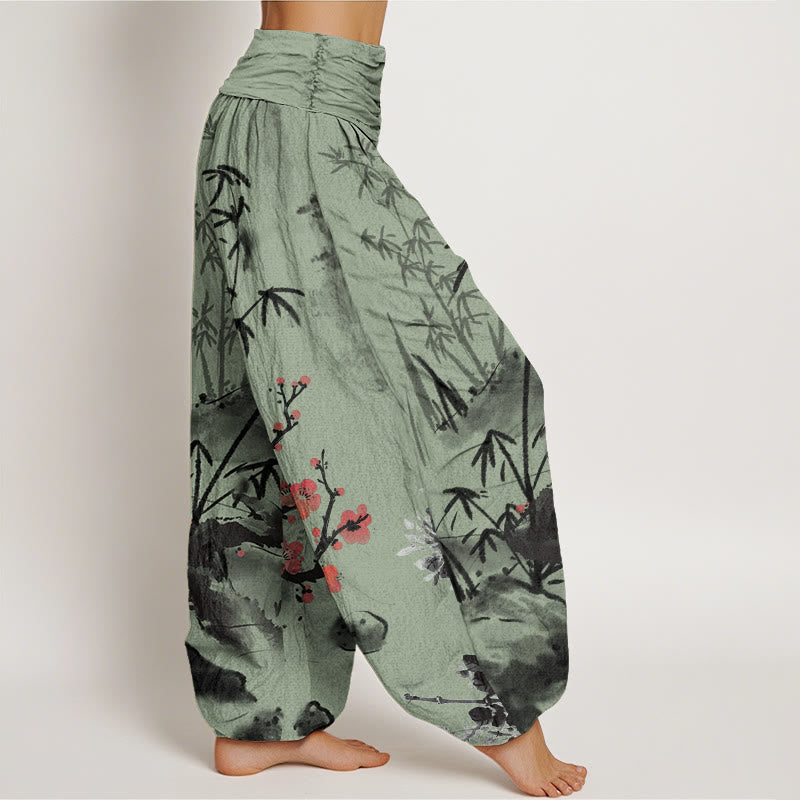 Nimara Ritual Cotton Plum Blossoms Bamboo Orchids Chrysanthemums Pattern Women's Elastic Waist Harem Pants