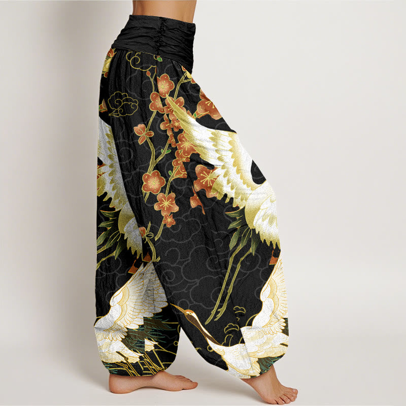 Nimara Ritual Cotton Cranes Flowers Auspicious Clouds pattern Women's Elastic Waist Harem Pants