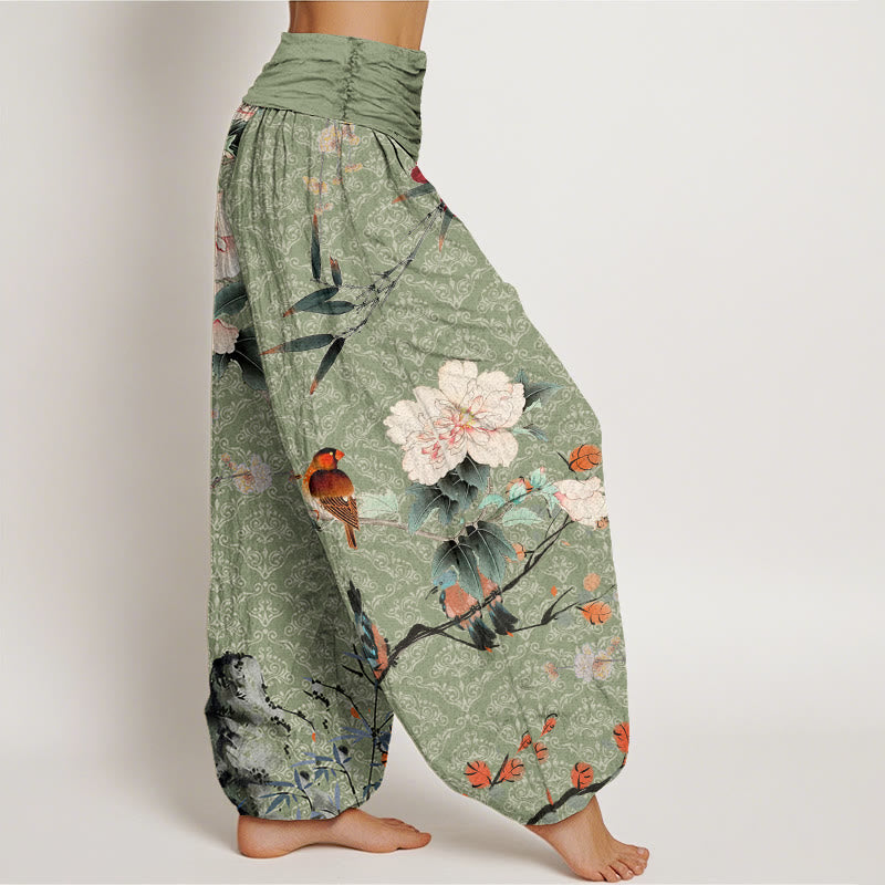 Nimara Ritual Cotton Warbler Bird Blooming Flower Branches Mandala Pattern Women's Elastic Waist Harem Pants