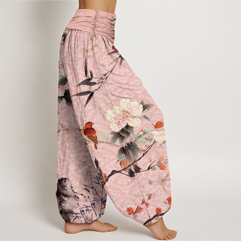 Nimara Ritual Cotton Warbler Bird Blooming Flower Branches Mandala Pattern Women's Elastic Waist Harem Pants