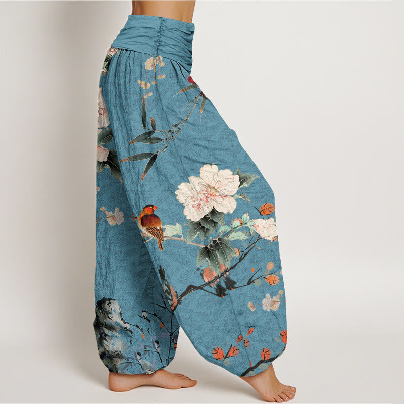 Nimara Ritual Cotton Warbler Bird Blooming Flower Branches Mandala Pattern Women's Elastic Waist Harem Pants