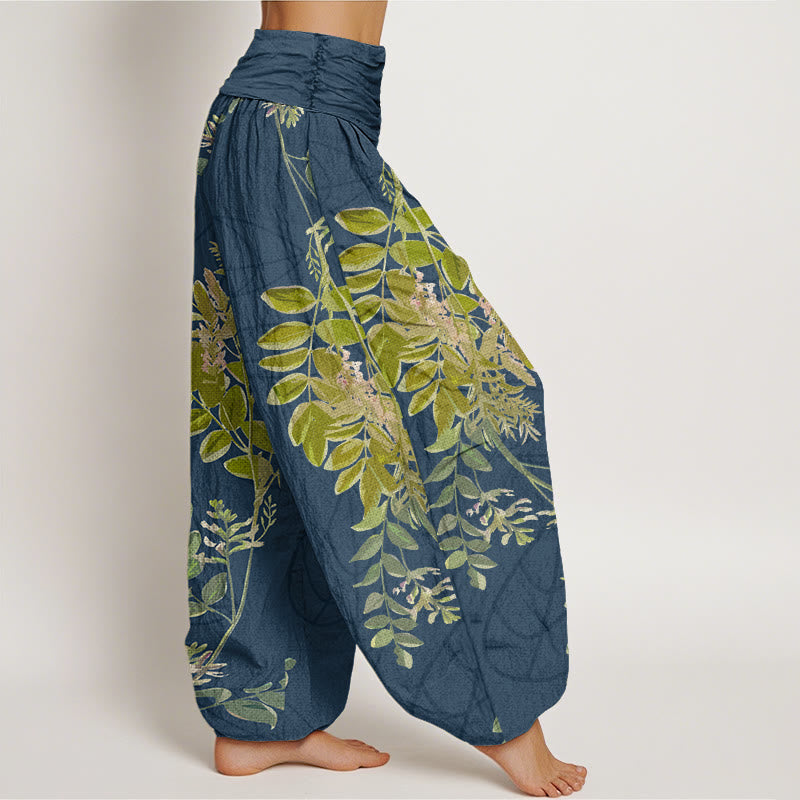 Nimara Ritual Cotton Green Leaves Branches Women's Elastic Waist Harem Pants