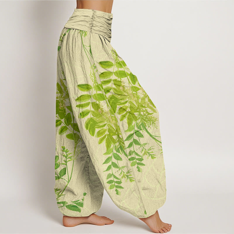 Nimara Ritual Cotton Green Leaves Branches Women's Elastic Waist Harem Pants